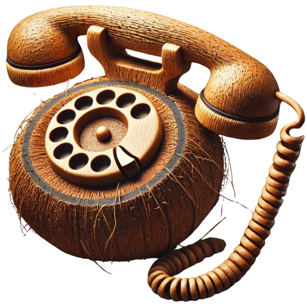 A rotary telephone carved from a coconut shell